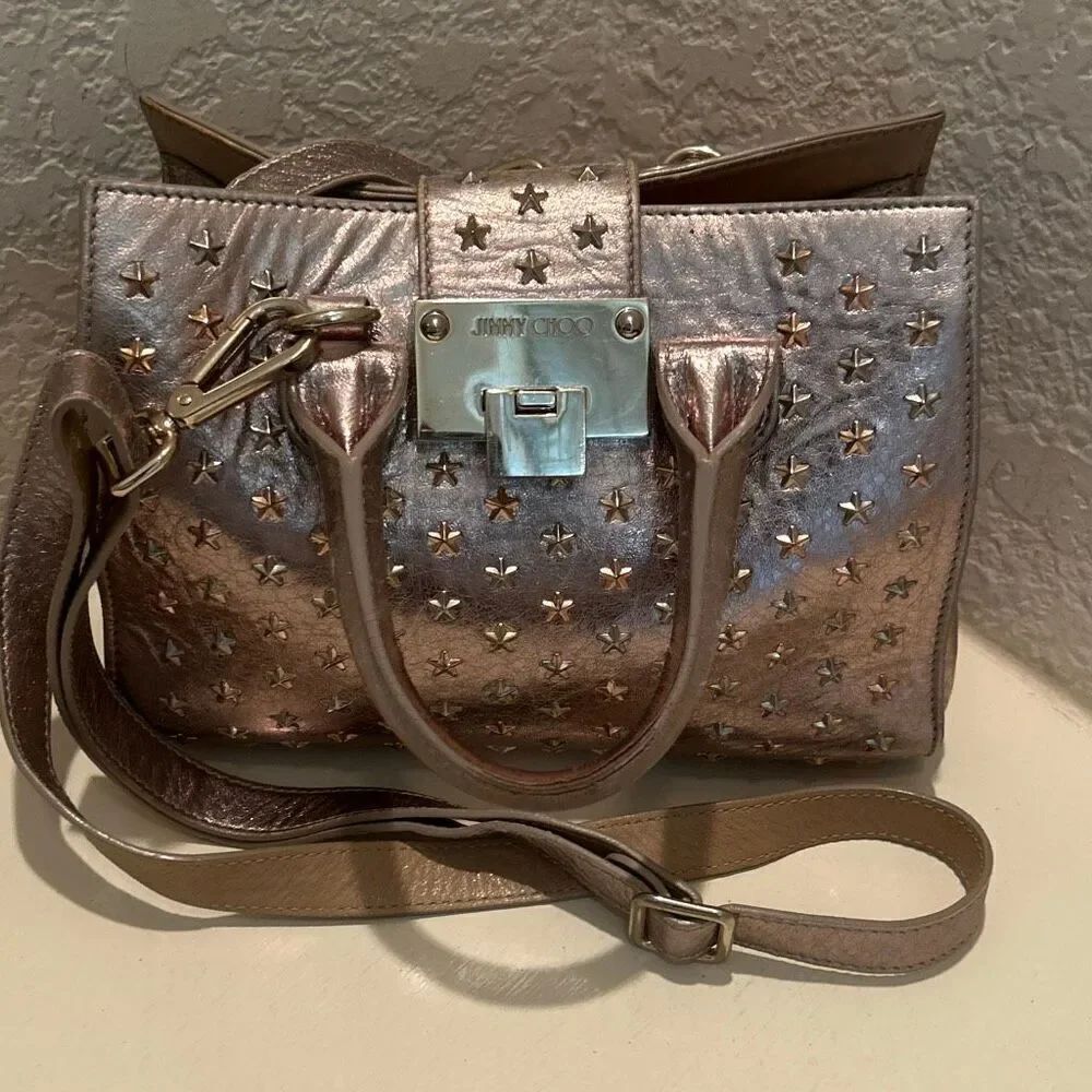 Jimmy Choo Two Way Crossbody Mini Bag Purse Metallic Gold Star Studded Punk Alt